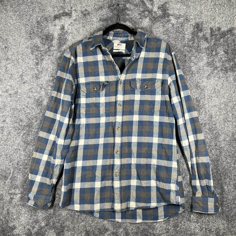 Fjallraven Shirt Mens L Blue Long Sleeve Button Up Flannel Cotton Slim Skog